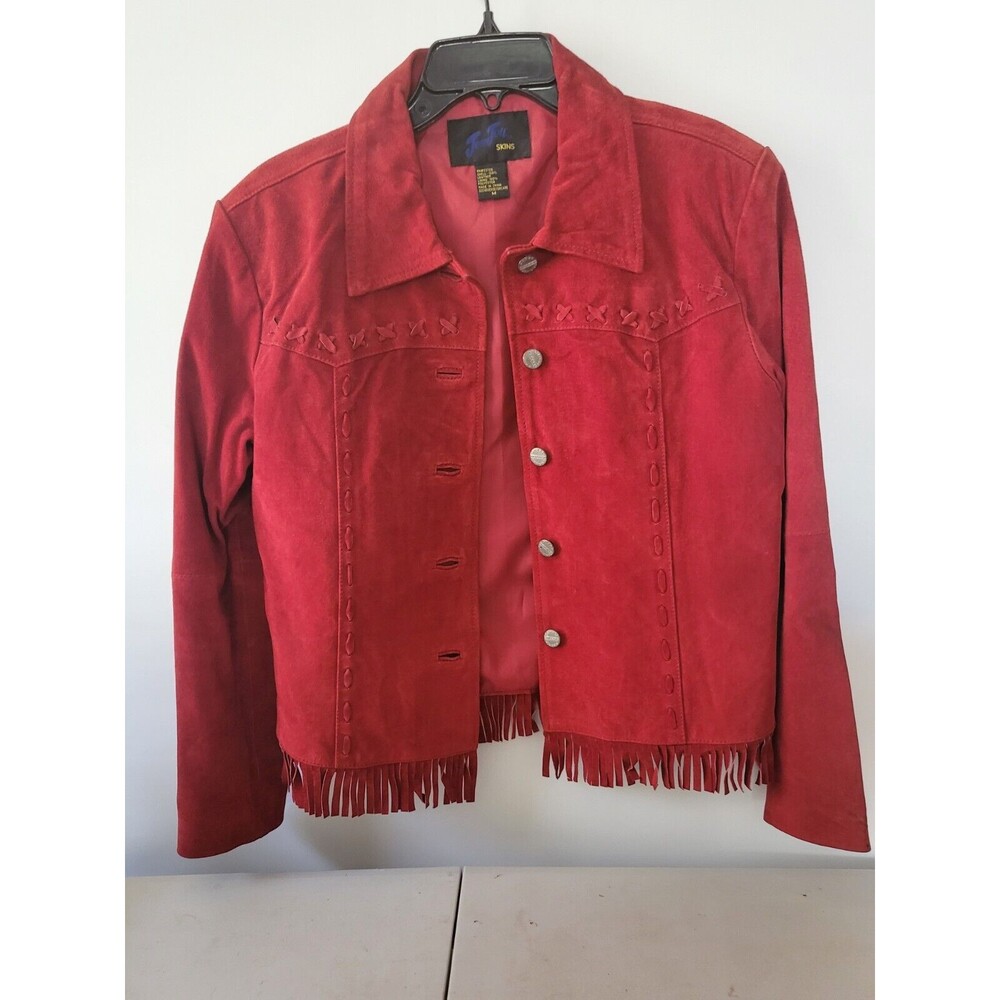JOU JOU Skins Red Suede Jacket-Fringe on hemline-Medium
